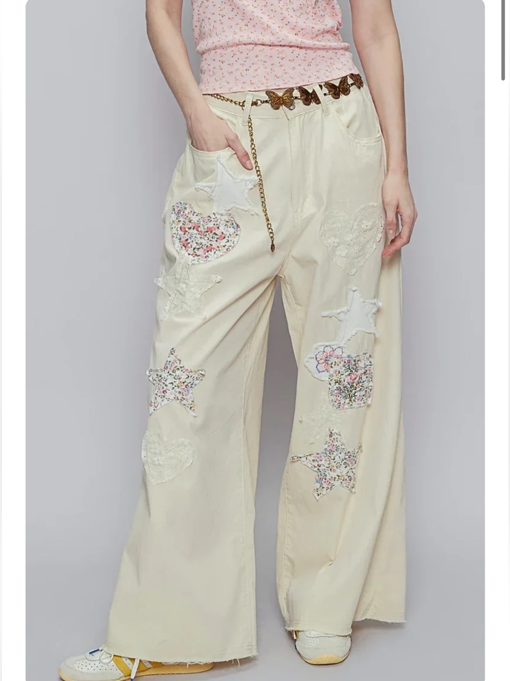 New: POL “Heart + Stars” Boho Embroidered Patchwork Wide Leg Cream Pants• M